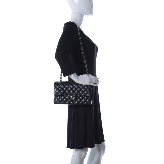 CHANEL Classic Handbag Lambskin Quilted Medium Double Flap Black