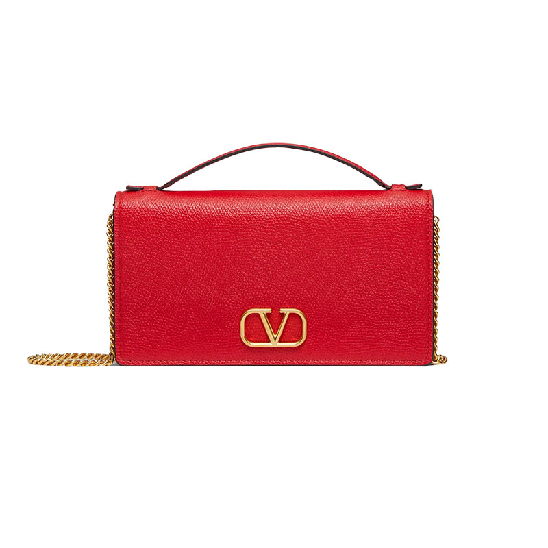 V Logo Chain Leather Shoulder Bag in Red - Valentino Garavani